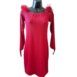 NWT Women's Sexy Off Shoulder Slim Fit Long Sleeve Ribbed Knit Feather Trim Mini